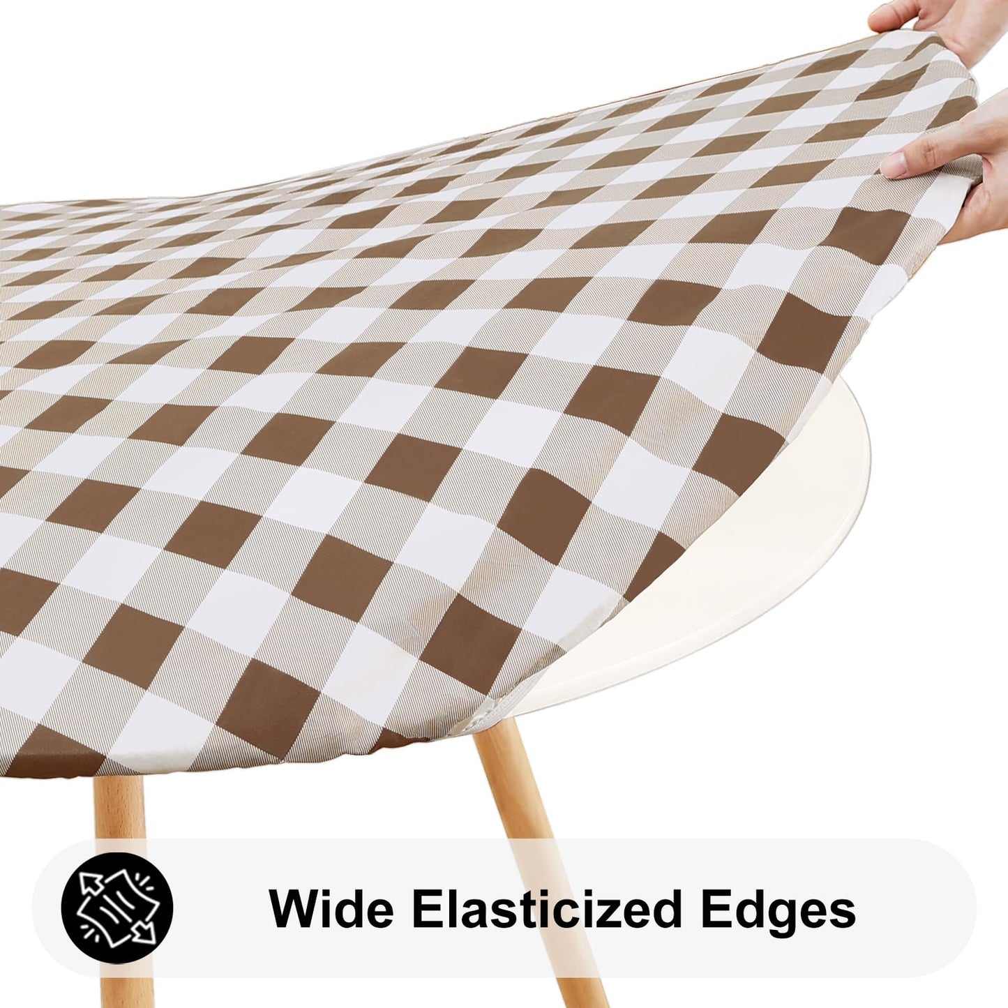 Smiry Round Picnic Tablecloth, Elastic Waterproof Fitted Vinyl Tablecloths for 45"-56" Tables, Flannel Backed Buffalo Plaid Table Cover for Dining, Camping, Outdoor, White and Brown