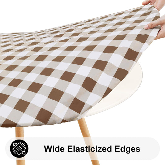 Smiry Round Picnic Tablecloth, Elastic Waterproof Fitted Vinyl Tablecloths for 45"-56" Tables, Flannel Backed Buffalo Plaid Table Cover for Dining, Camping, Outdoor, White and Brown