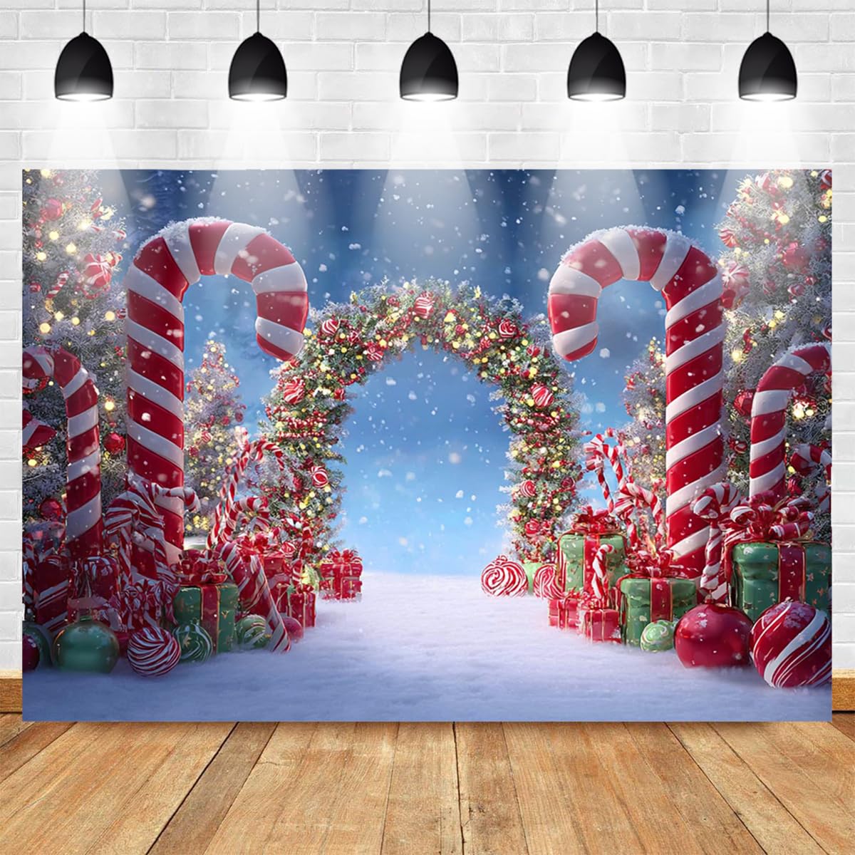 Mocsicka Christmas Candy Cane Photography Backdrop Winter Candyland Christmas Eve Party Decorations Background Christmas Tree Garland Photo Prop Supplies (10x8ft)