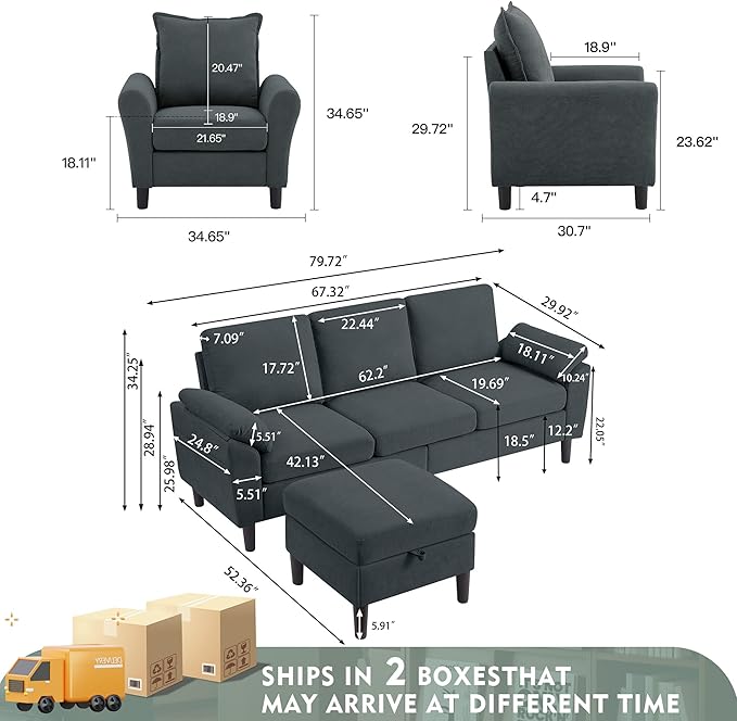 79" Convertible Sectional Sofa Set, Modern Linen Small L Shaped Couch