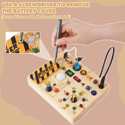 Joyreal Montessori Busy Board 2 Year Old, Wooden Fidget Sensory Toy for Toddlers, Activity Board with 19 LED Lights, Educational Travel Toy for Boys Girls 2 3 4 Year Old