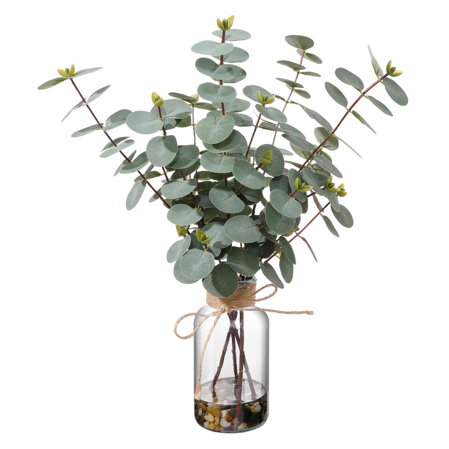 LILUYTO 15.74” Artificial Eucalyptus Stems in Glass Vase with Faux Water & Natural Stones, Lifelike Fake Greenery for Modern Farmhouse Home Decor, Bathroom Decor, Office Desk Centerpiece