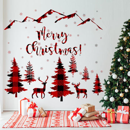Prabahdak 3 Sheets Black Pine Tree Deer Wall Sticker Removable Snowflake Merry Christmas Wall Decal Winter Mountain Woodland Nursery Wall Stickers for Xmas Party Supplies