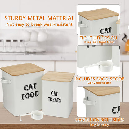 Cat Food and Treats Containers Set with Scoop for Cats or Dogs -Tight Fitting Wood Lids - Coated Carbon Steel - Storage Canister Tins-Cat-White