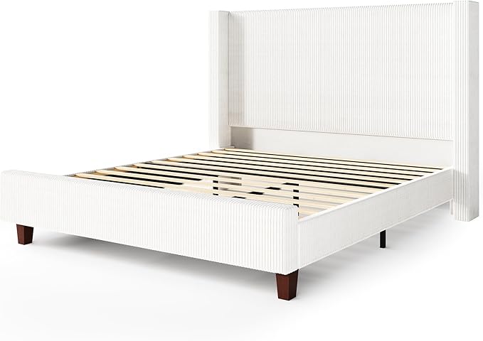 HOWE King Size Bed Frame with 50.8" Tall Wingback Headboard, Modern Corduroy