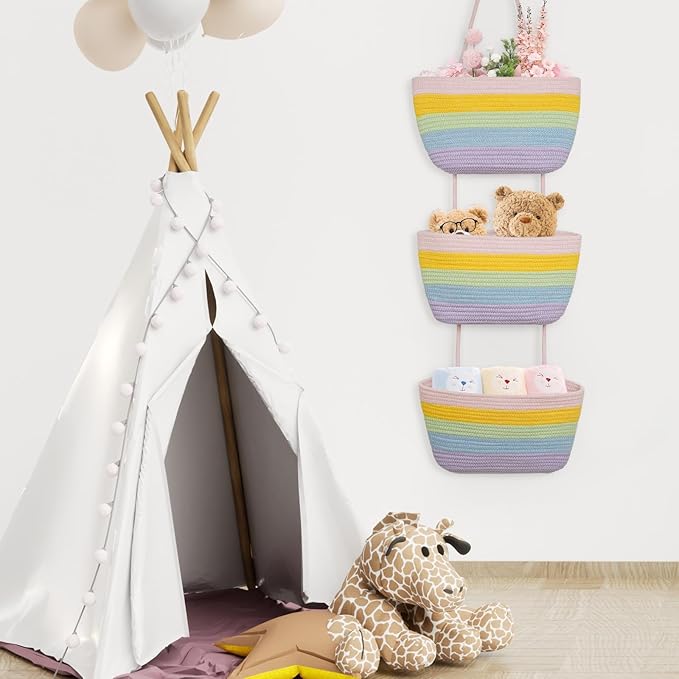 TeoKJ Over the Door Organizer, 3-Tier Woven Cotton Hanging Storage Baskets