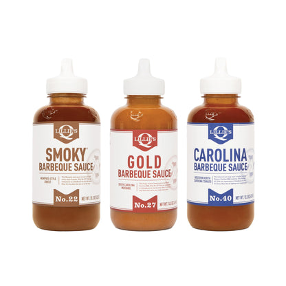 Lillie's Q - Smoky (15.3oz), Gold (14.8oz) & Carolina BBQ (15.5oz) Sauce Combo, Gluten-Free, Non-GMO, No Preservatives, Gourmet Mustard, Sweet & Vinegar Based BBQ (3-pack)