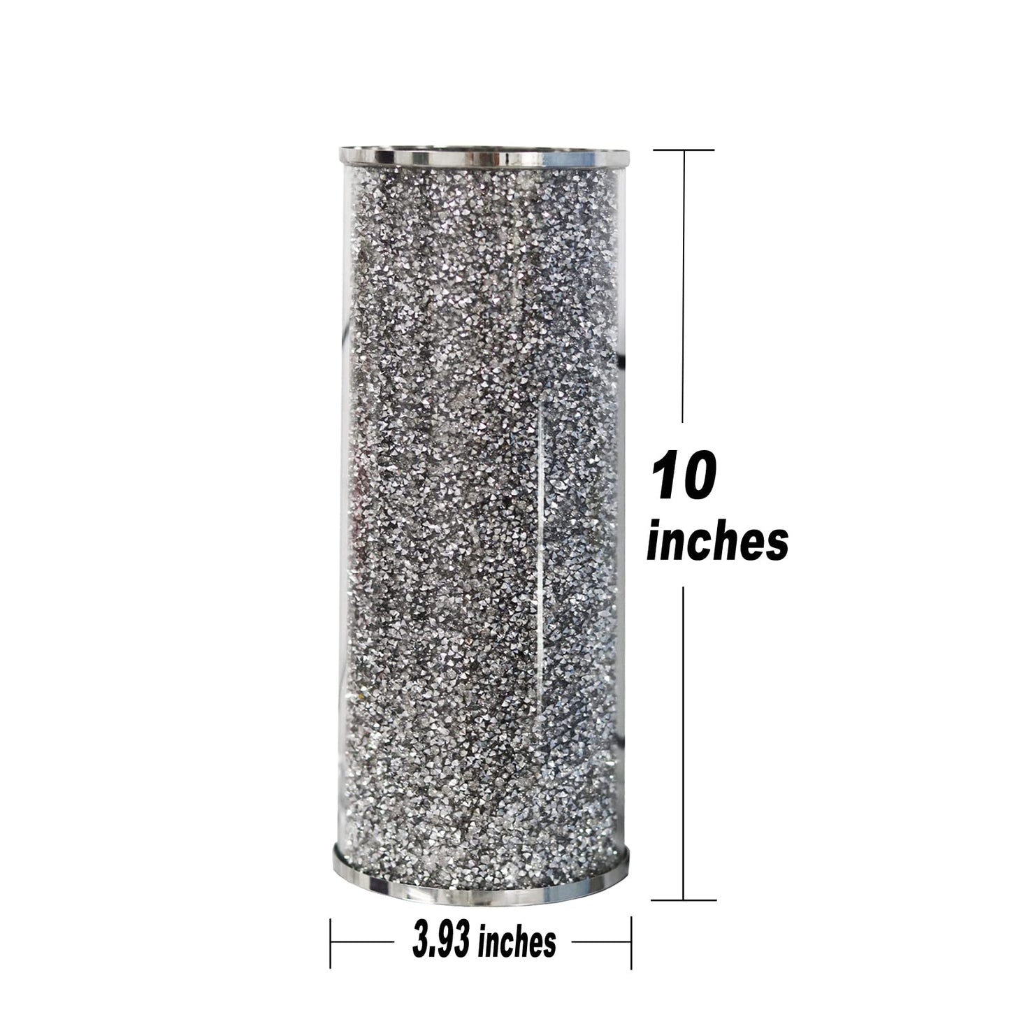 Silver Crystal Flower Vase, 10" Large Crushed Diamond Vase, Shiny Round Modern Luxury Decorative Glass Vases for Home Decor, Dining Table, Bathroom, Bedroom, Sofa Table, Wedding