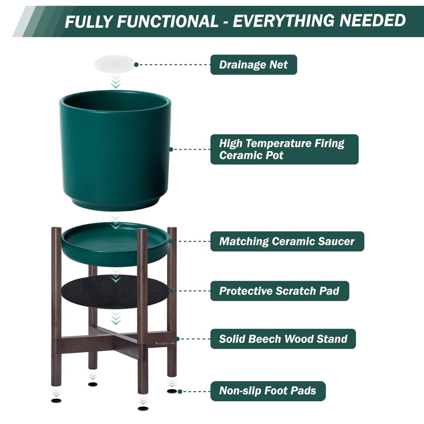 D'vine Dev Ceramic Planter with Walnut Color Stand - 8 Inch Modern Round Flower Pot with Wood Planter Holder, Teal, 55-B-Y-4