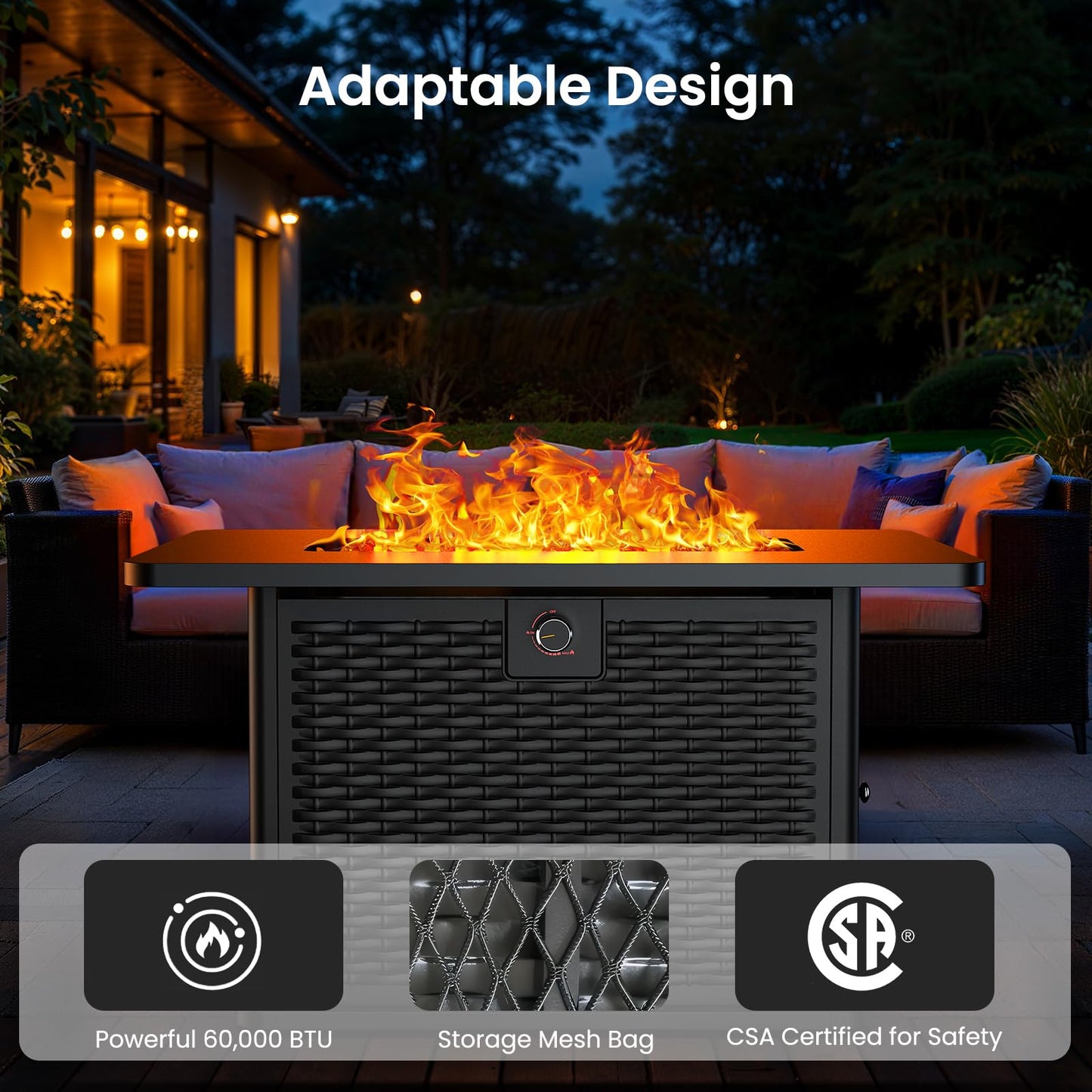 Ciays 43-Inch Rectangular Propane Fire Pit with 60,000 BTU Output, Gas with Rocks, Table CSA-Certified 2 in 1Table Gatherings Parties with 304 Stainless Steel H-Burner