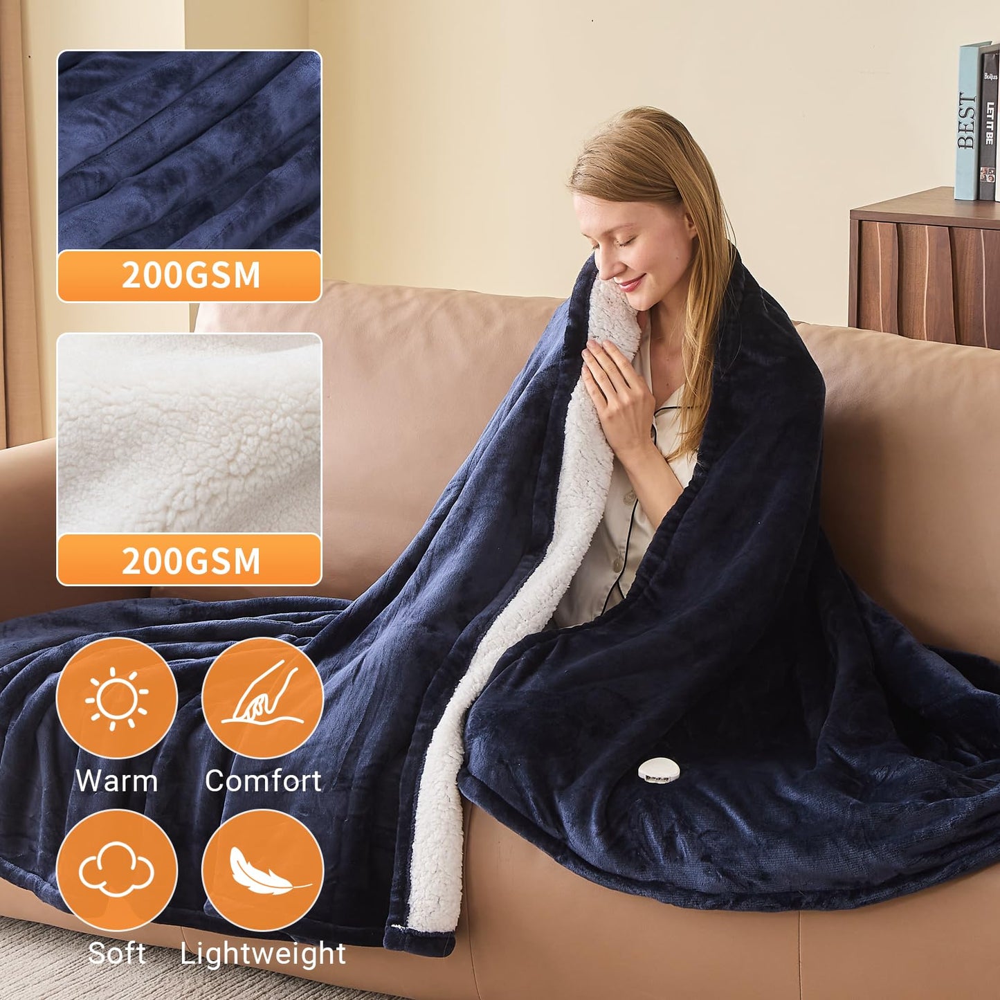 Electric Heated Blanket Queen Size 84''x90'' Soft Flannel & Sherpa Electric Blanket with 10 Heating Levels, Automatically Shut Down After 8h with Overheat Protection Machine Washable