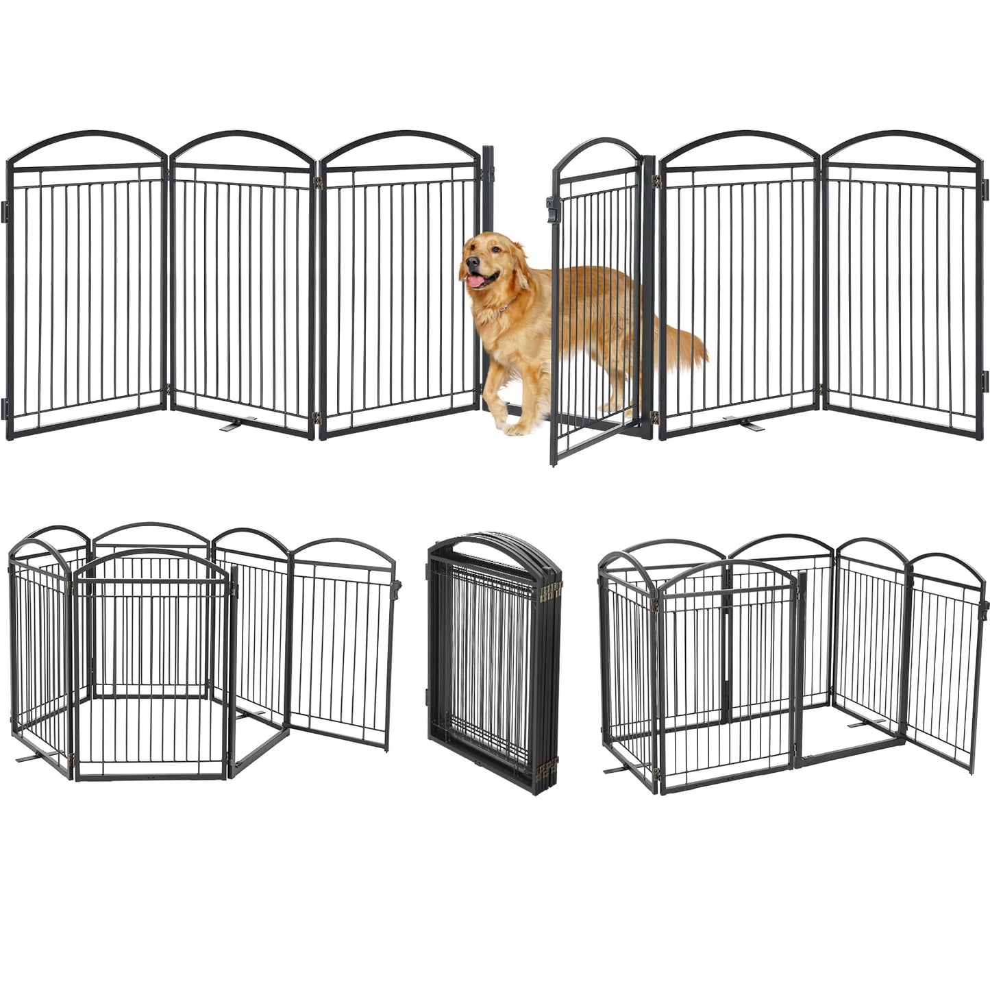 Full Metal Free Standing Dog Gate with Door for Indoor Barriers,144'' Extra Wide 32'' Tall Dog Gate for Doorways,Large Openings,Decks,Freestanding Portable Pet Fence(6 Panels,Black)