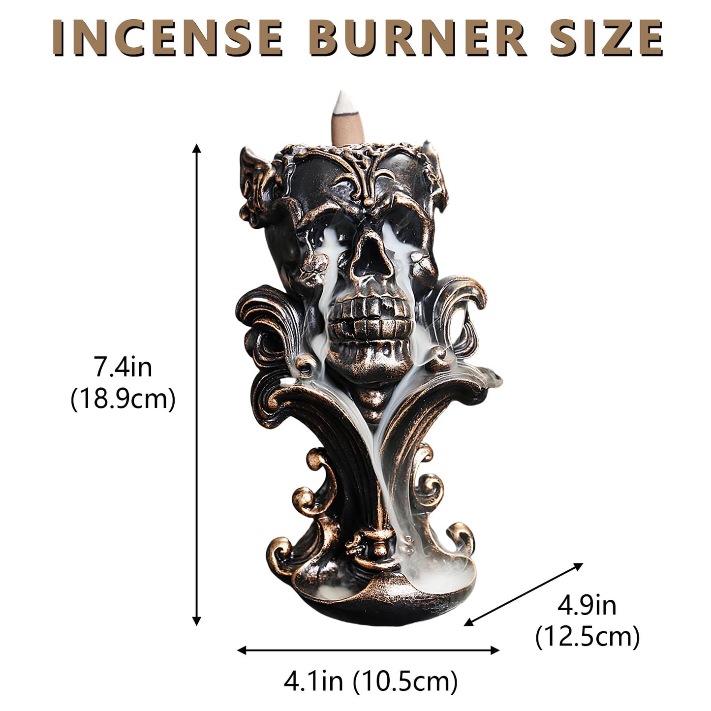 Comeon Backflow Incense Holder Burner Resin Skull Incense Burner Waterfall Incense Burner Home Decor + 20 Backflow Incense Cones + 30 Incense Sticks +1 Tweezer +1 Mat（Metallic Gold）