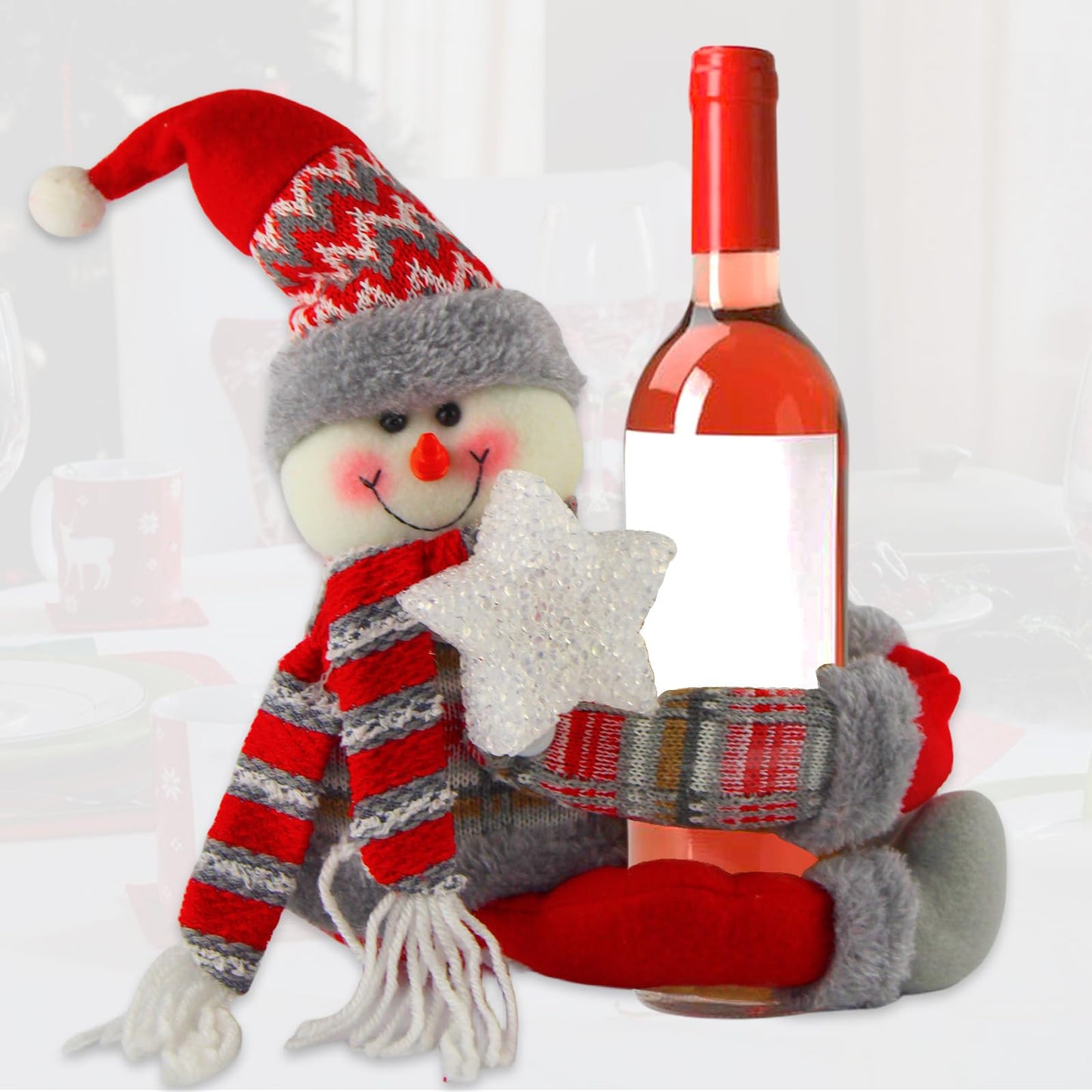 Christmas Plush Snowman Tree Topper with Lighted Red Star - Multifunctional Xmas Treetop Ornament, Home Curtain Tie & Hugger Wine Bottle Party Decoration