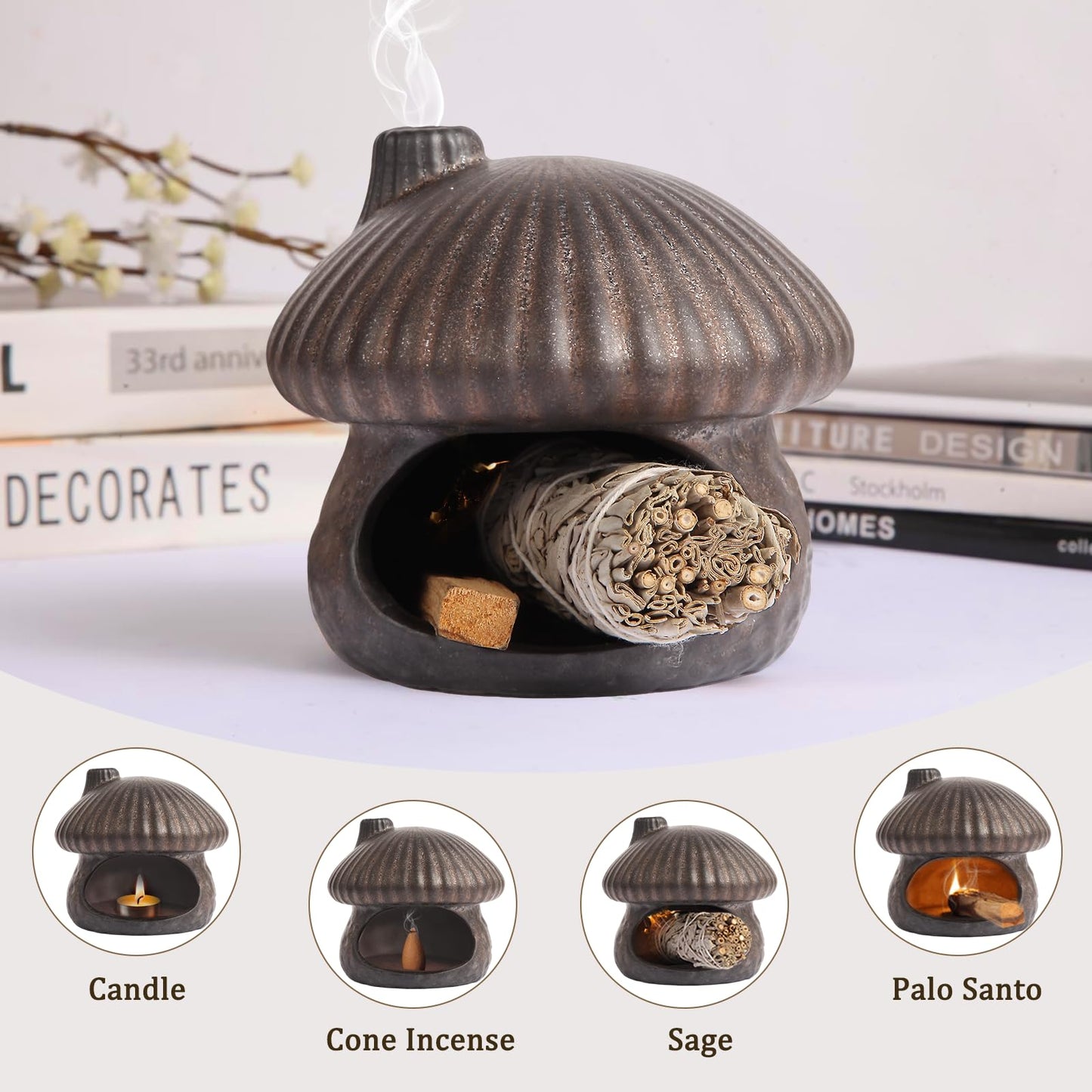 Mofunci Palo Santo Holder Mushroom Shape, Ceramic Sage Holder for Burning Palo Santo Burner for Meditation, Yoga and Relaxation(Gilt Gold)