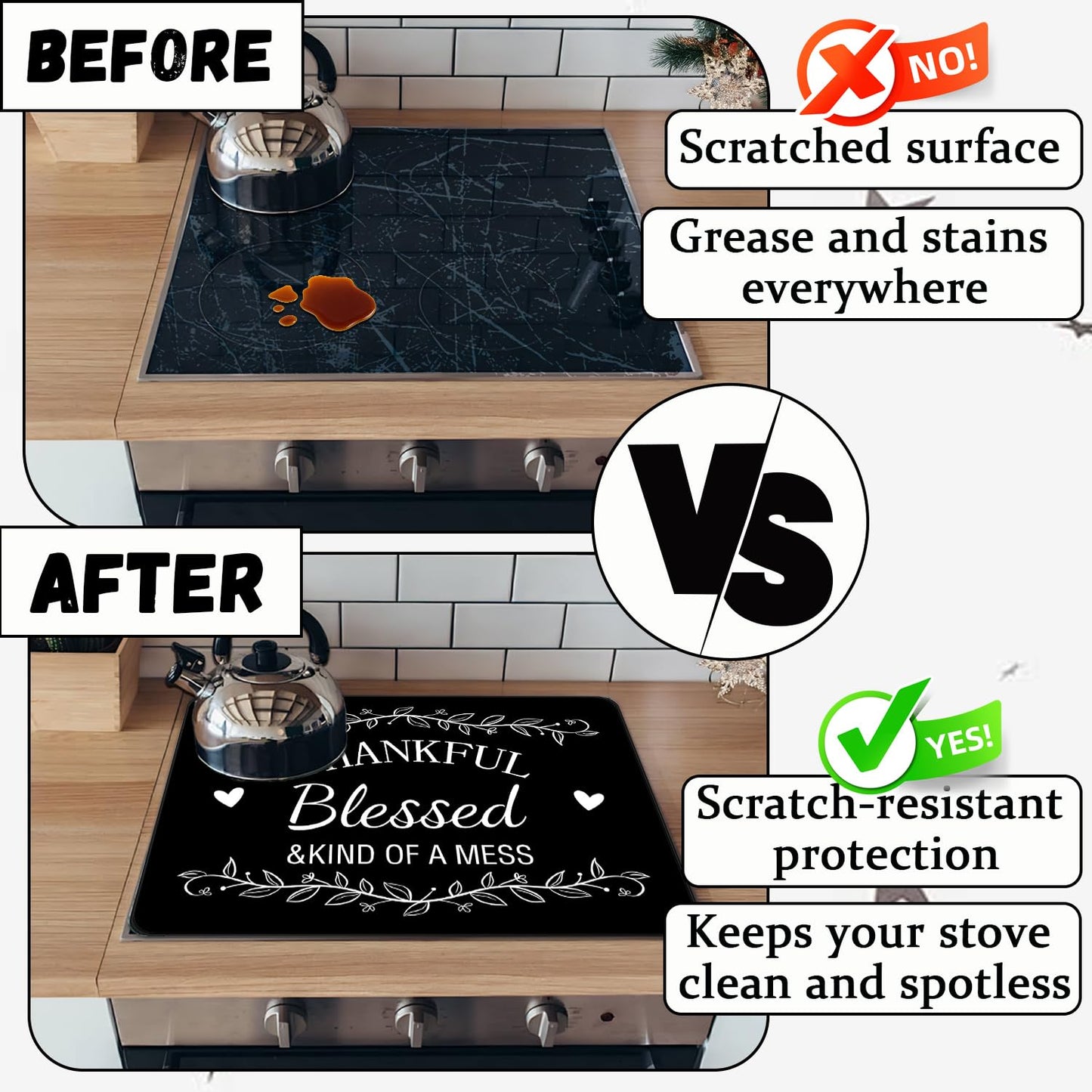 Funny Stove Top Cover for Electric Stove, Black Range Covers, Thanksgiving Range Top Mats, Thankful Blessed Cooktop Cover 28x20 inch, Glass Cooktop Covers for Kitchen Holiday Home Decor