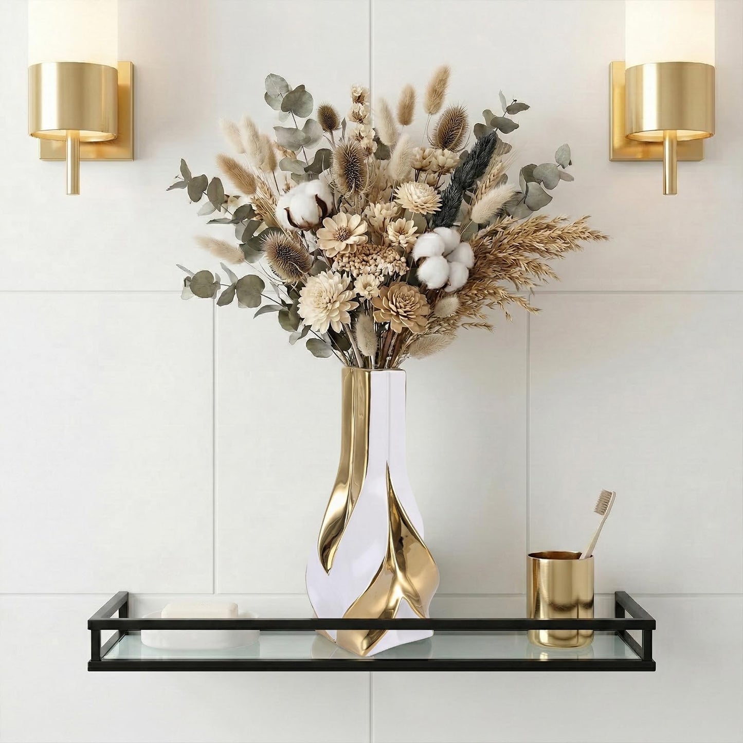 10.6" White and Gold Ceramic Vase, Modern Geometric Flower Vase for Dining Table Centerpiece, Elegant Decorative Vase for Pampas Grass, Living Room, Bedroom, Office, Tabletop Decoration