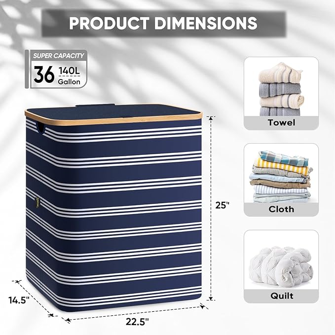 BALEINE Laundry Hamper with Lid, Tall Laundry Baskets with Bamboo Pull Handles