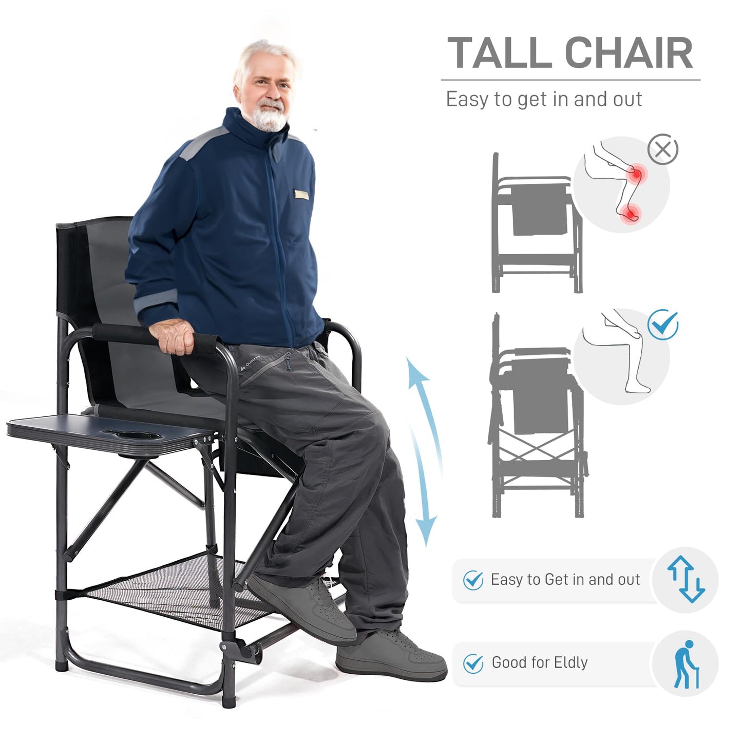 EVER ADVANCED Medium Tall Directors Chair Foldable Makeup Artist Chair Bar Height with Side Table Cup Holder and Pocket Footrest, Supports 400LBS (Grey, Seat Height: 23.2 inches)