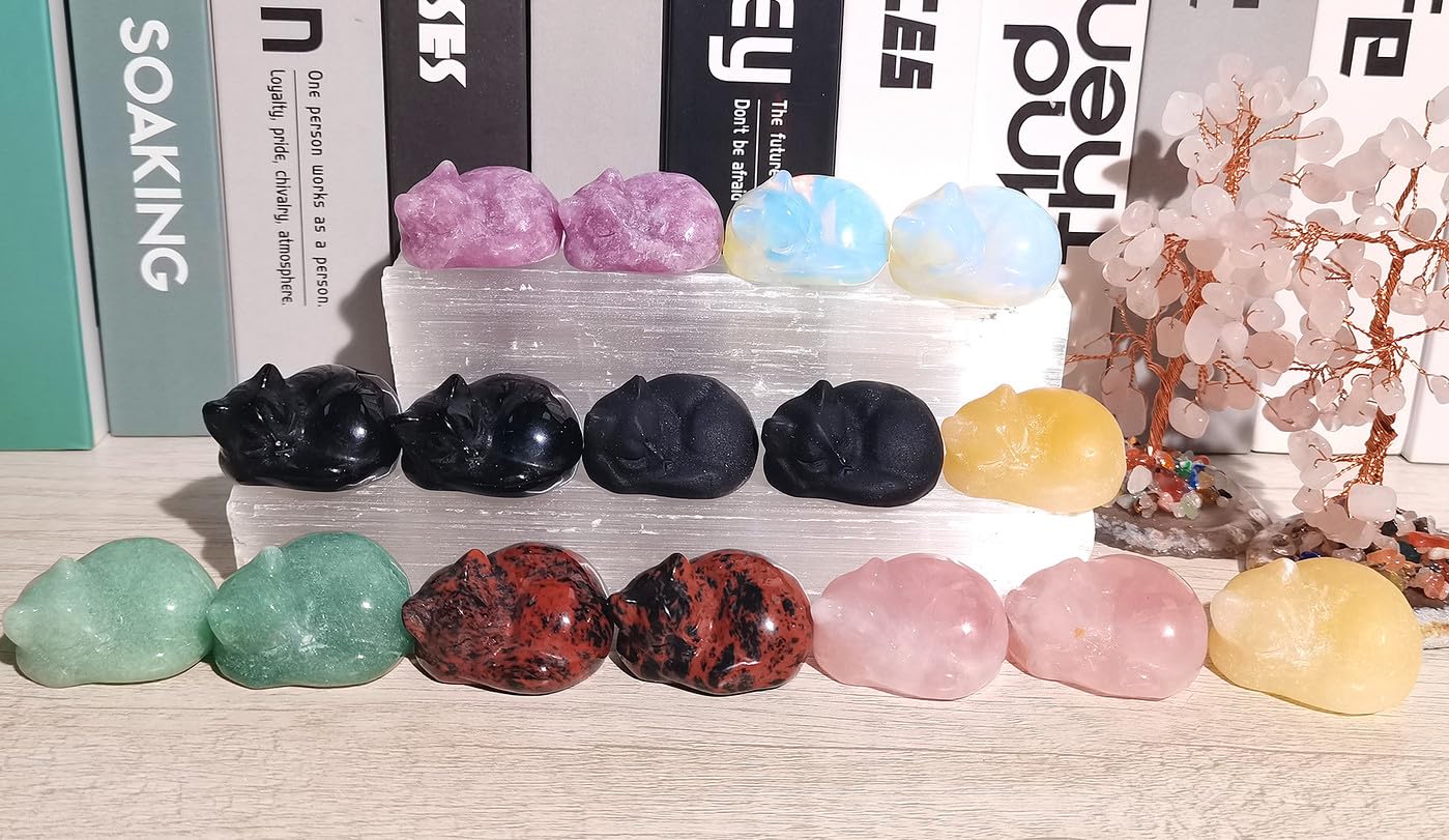 QINJIEJIE Bundle of Amethyst Crystal Tree and Obsidian Cat Statue Natural Reiki Gemstone Tree Life Carved Stone Decors Gift Polished Gemstones Figurine Meditation Gift for Women Men