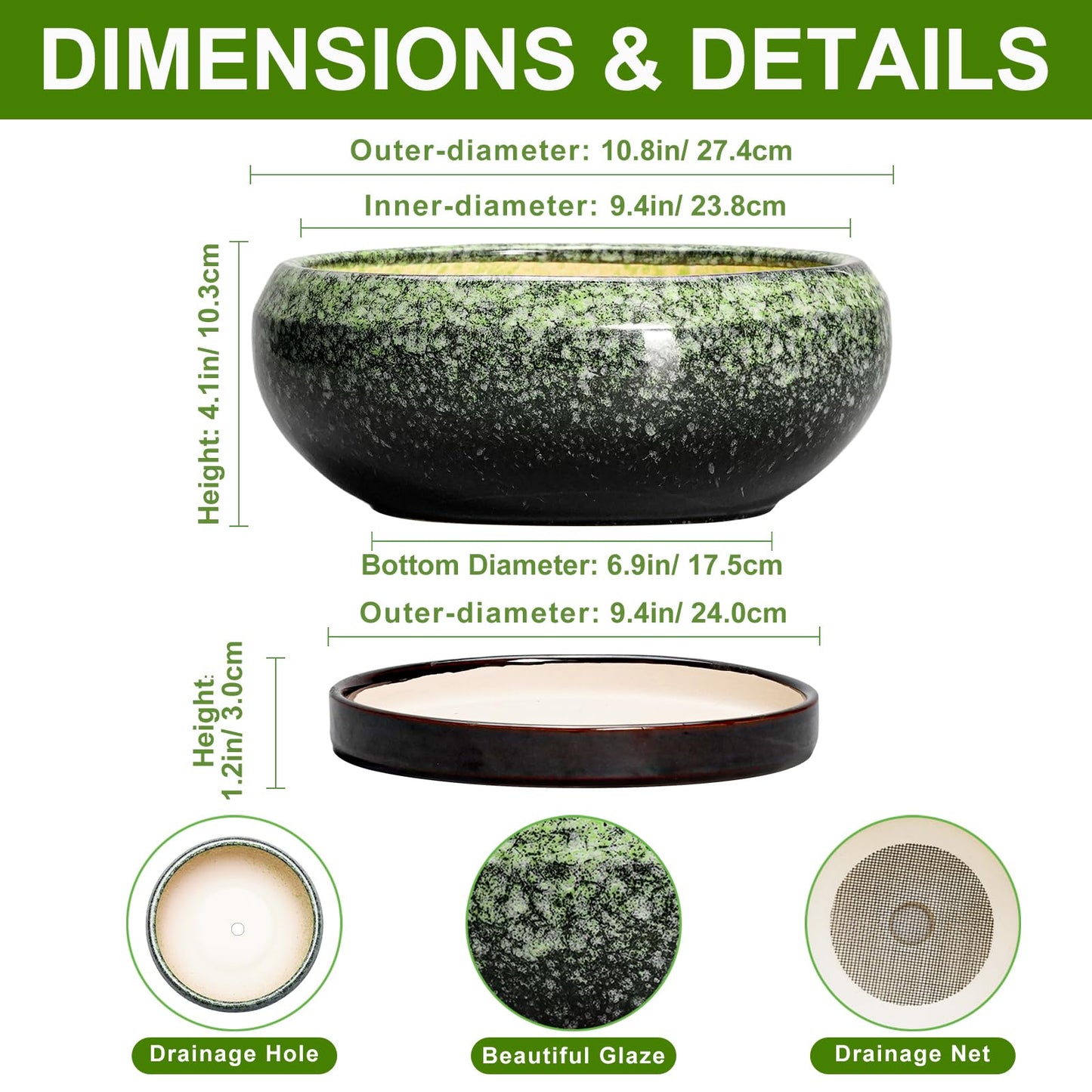EPFamily Bonsai Pots 10 Inch - Ceramic Pots for Plants Indoor Outdoor, Succulent Pot with Drainage Hole and Saucer, Large Bonsai Planter, Round Shallow Planter, Office Decor, Gardening Gift, Green