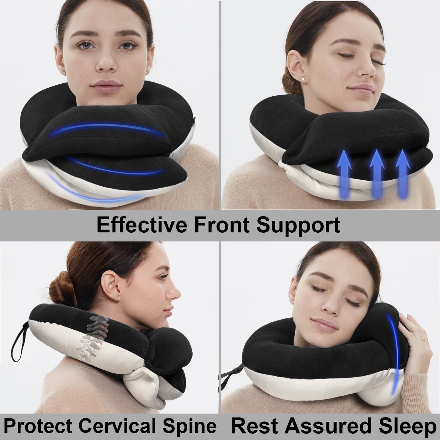 BUYUE Travel Neck Pillows for Airplanes, 360° Head Support Sleep for Long Flight, Skin-Friendly & Breathable, Kit with 3D Contoured Eye Mask, Earplugs and Storage Bag (Adult, Black, 100+ lbs)