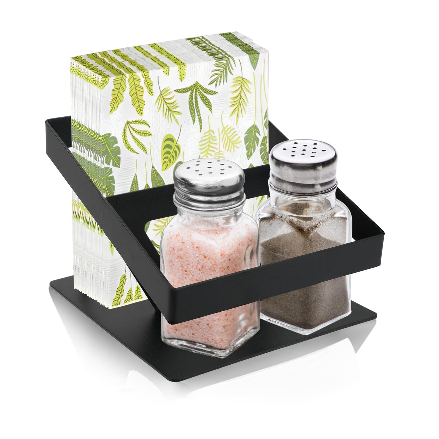 Napkin Holder for Table, SHAIDOJIO Metal Napkin Holder with Salt and Pepper Shakers Cadddy, Standing Paper Napkins Storage for Kitchen Dining Table Centerpiece Decor (Black)