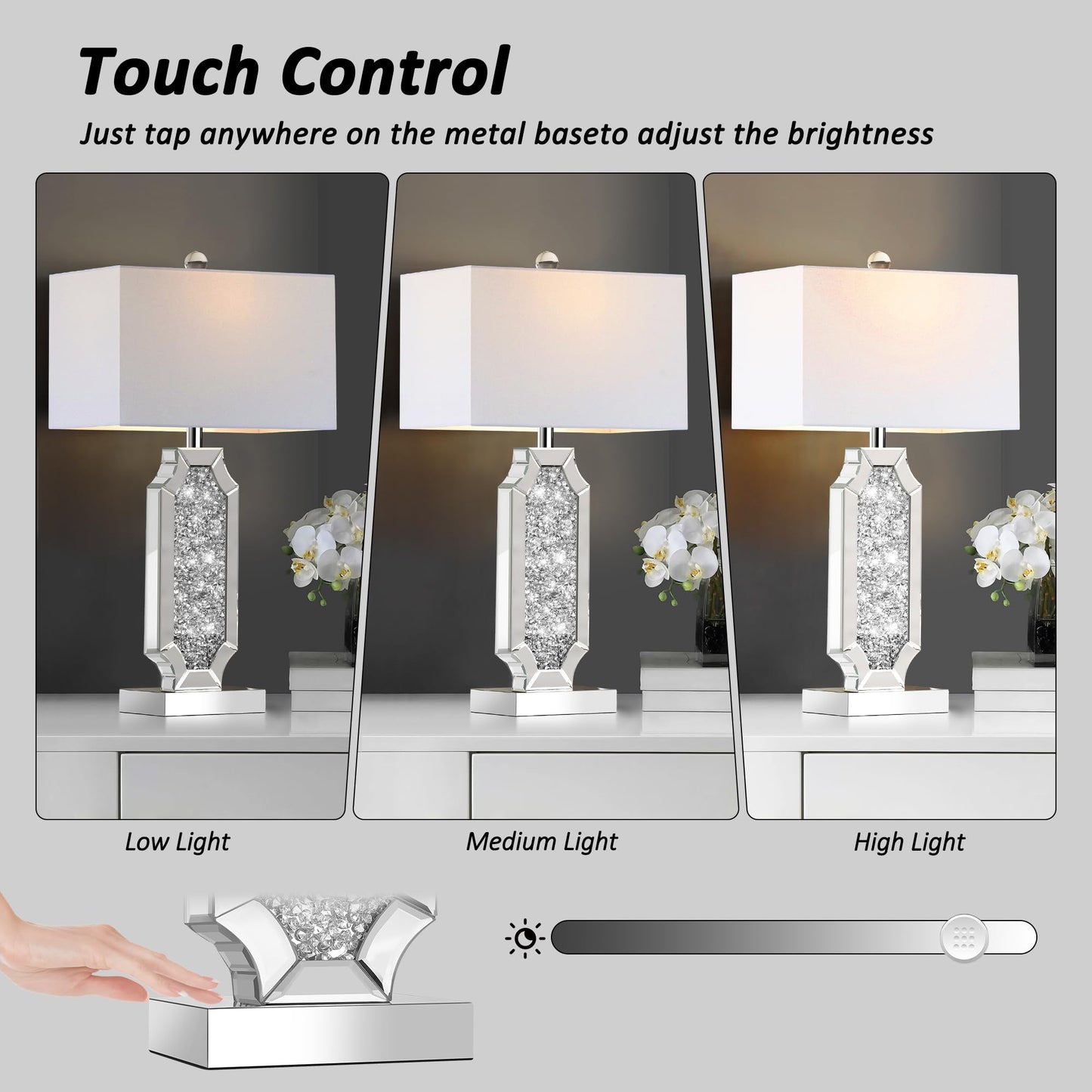 Hamucd 3-Way Dimmable Touch Diamond Crushed Mirrored Bedside Table Lamps Set of 2 for Living Room with USB A+C Ports,Tall Silver Modern Bling Nightstands Lamps for Bedroom with 2 Bulbs (Silver)