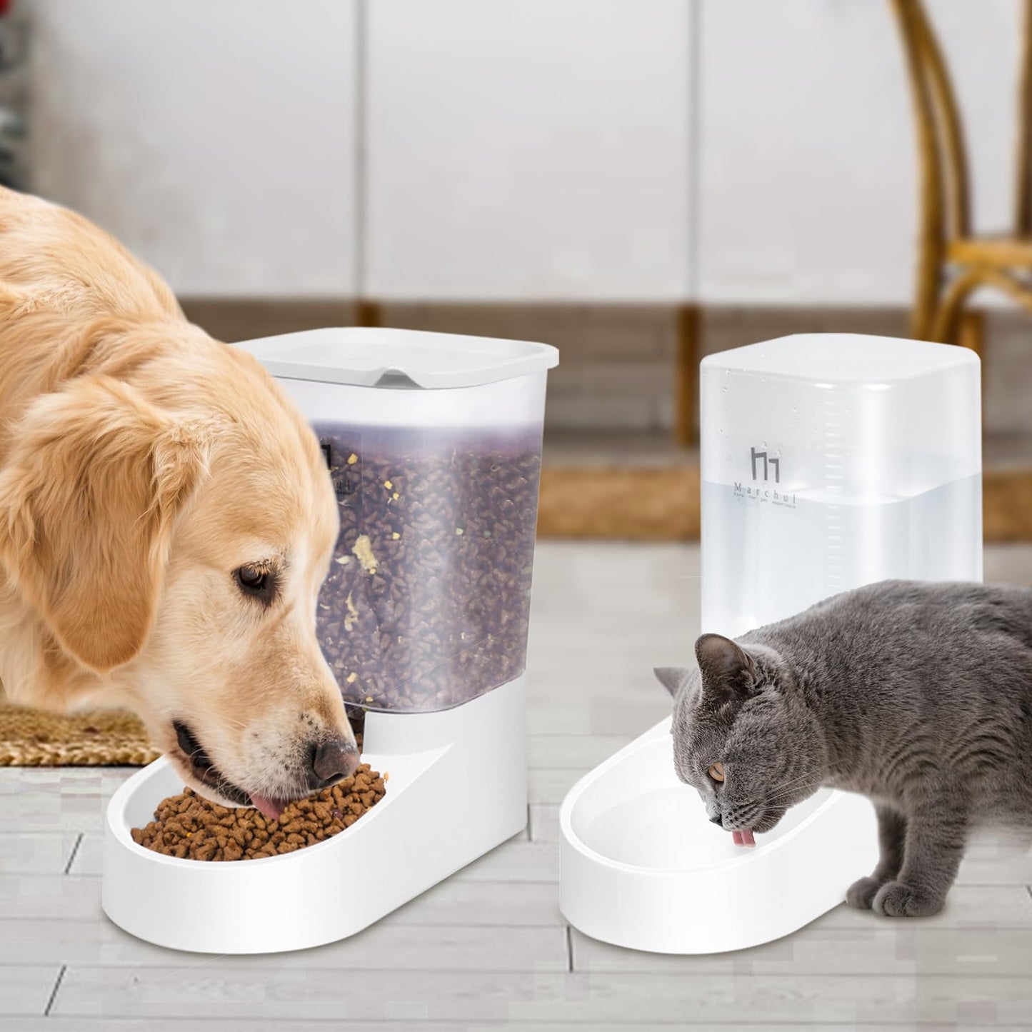 Marchul Pets Automatic Feeder and Waterer Set, Dogs Cats Food Feeder and Water Dispenser 3.8L, 2 in 1 Cat Food Water Dispensers for Small Medium Big Pets