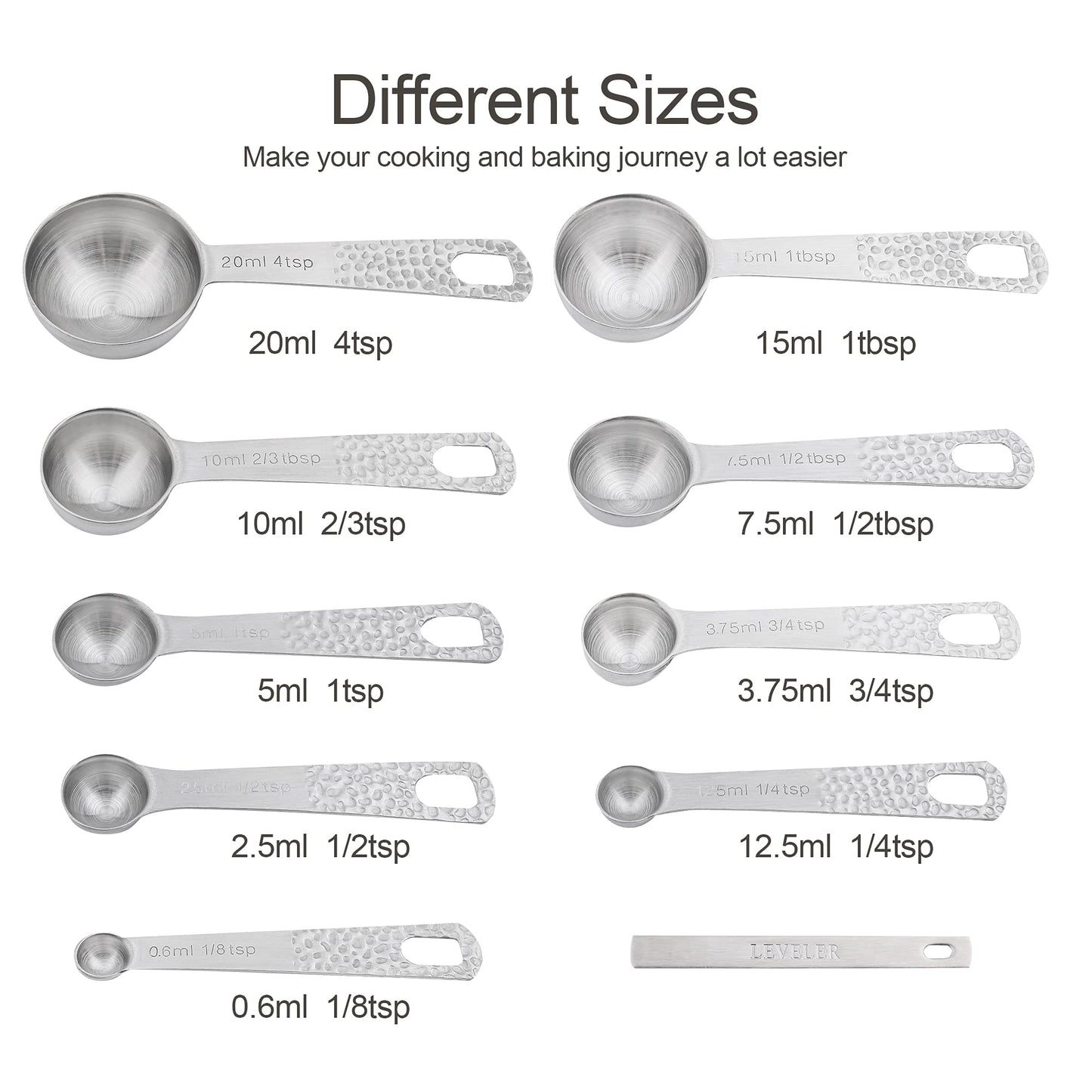 Smithcraft Measuring Spoons Set, 18/8 Stainless Steel Measuring Spoon Set 9 & Leveler, Metal Measuring Spoons for Baking, Kitchen Gadgets Measure Spoons, Measurement Spoons 1/8, 3/4, 4 tsp & 2/3 tbsp