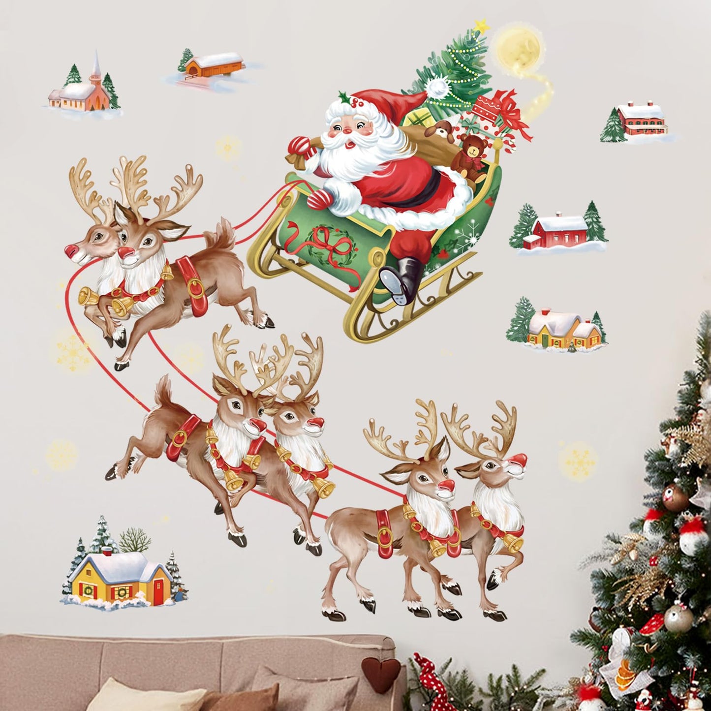 wondever Christmas Wall Stickers Santa Claus and Reindeer Christmas Window Wall Art Decals for Christmas Party Window Xmas Home Party