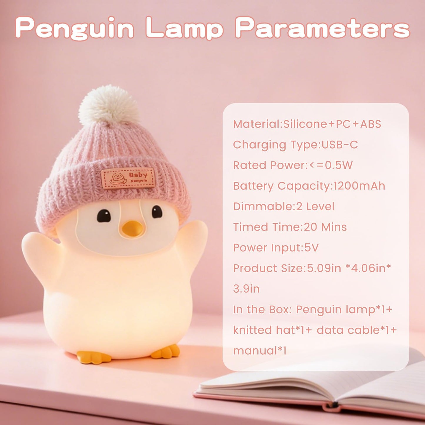 FAMIDUO Pink Penguin Night Light with Knit Hat - Squishy Silicone Rechargeable LED Bedside Lamp, Dimmable Timer for Baby Nursery, Cute Animal Nightlight, Adorable Penguin Gift for Boys Girls Toddlers