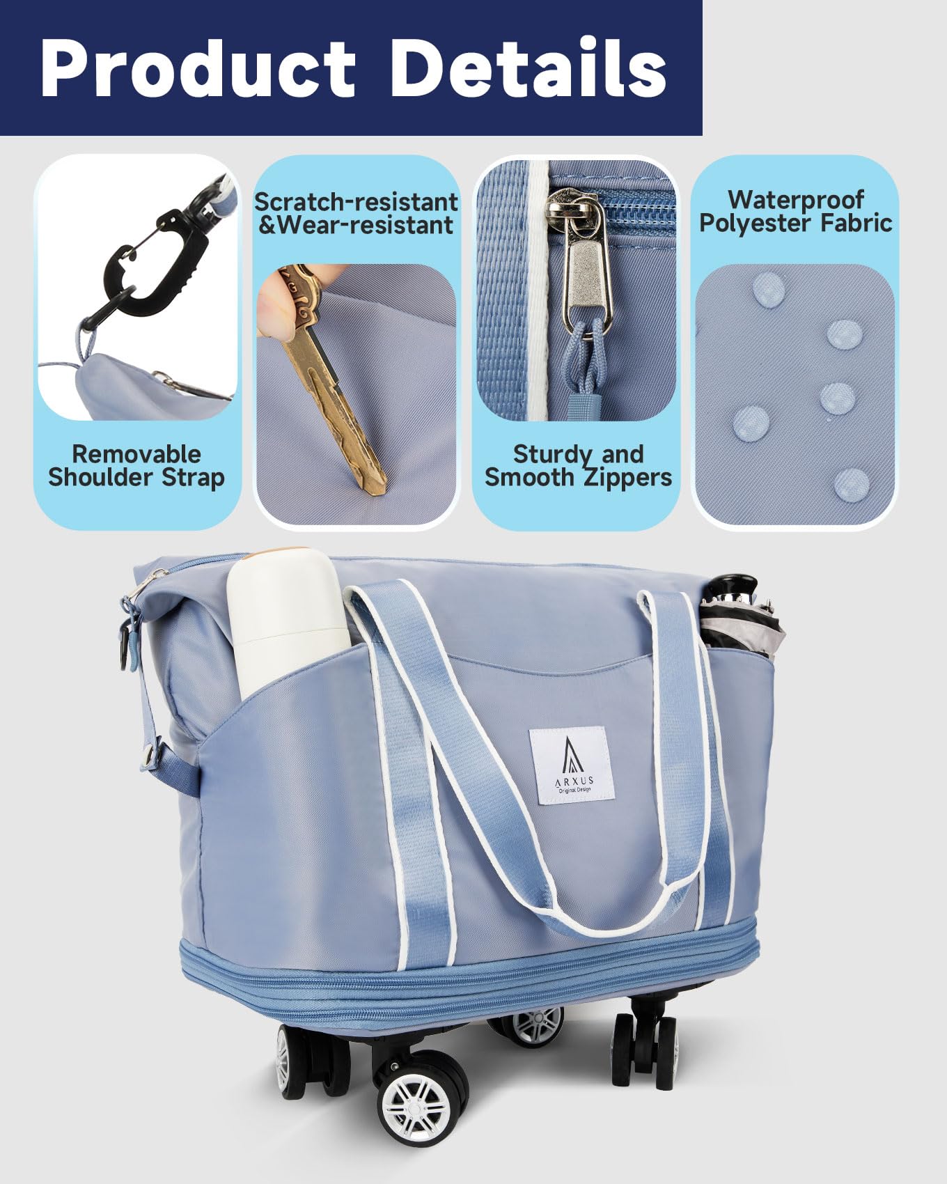 Arxus Rolling Duffle Bag with Detachable Wheels and Adjustable Shoulder Strap, Large Expandable Foldable Carry On Luggage Bag with Handle and Suitcase Sleeve, Weekender Bag for Travel Airplane 25L-55L