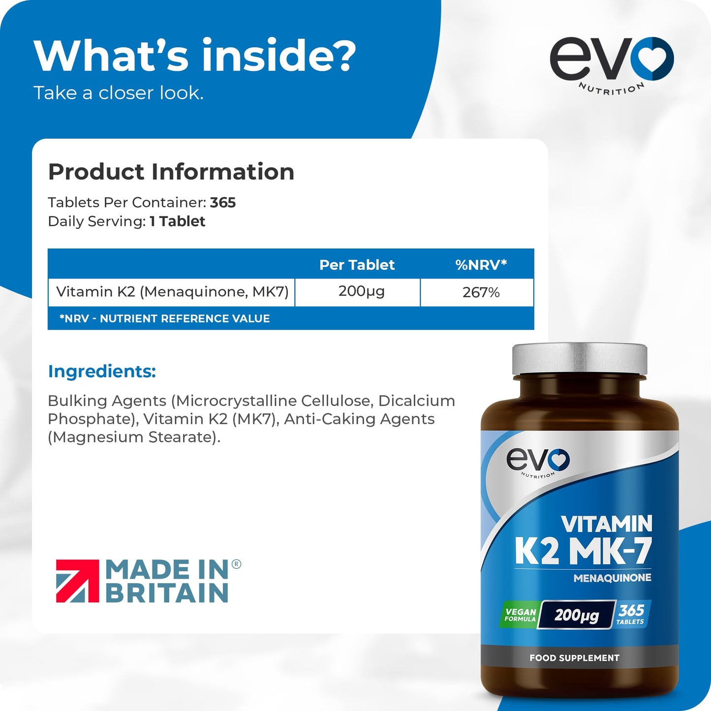 EVO NUTRITION Vitamin K2 MK-7 200mcg | 365 Vegetarian and Vegan Tablets (not Capsules) | 1-A-Day | Supports Maintenance of Normal Bones | One Years Supply of High Strength Vitamin K2 Menaquinone MK7