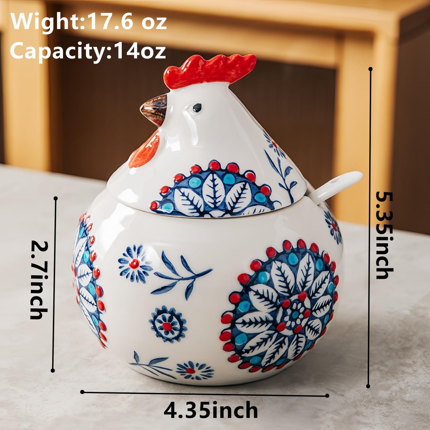 stablerice 14OZ Ceramic Salt Cellar with Lid and Spoon,Chicken Salt Container with Spoon, Salt Jar for Counter, Coffee, Sugar, Spices and Candies, Salt and Sugar Container sets for Countertop