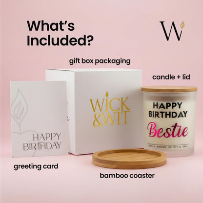 Wick and Wit Bestie Birthday Gifts for Women - Happy Birthday Bestie Gifts for Women Friend Friendship Soy Candle Gift Set for BFF Sister Coworker Vanilla Lavender Candle Ready to Gift Box