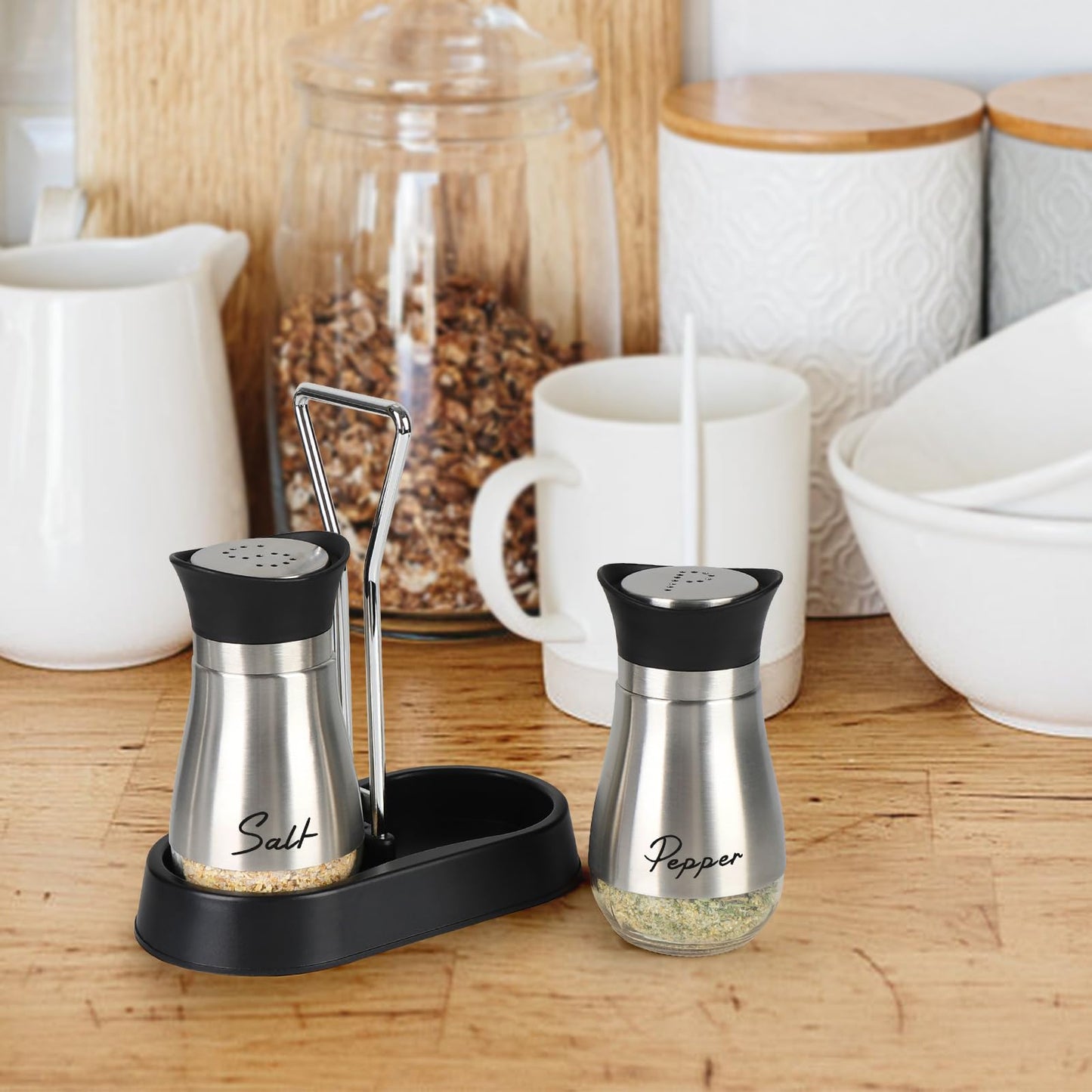 Accmor Salt and Pepper Shakers Set with Holder, 4 oz Stainless Steel Salt Pepper Shaker Containers with Glass Bottom for Kitchen Cooking, BBQ, Bar, Table, RV, Camp