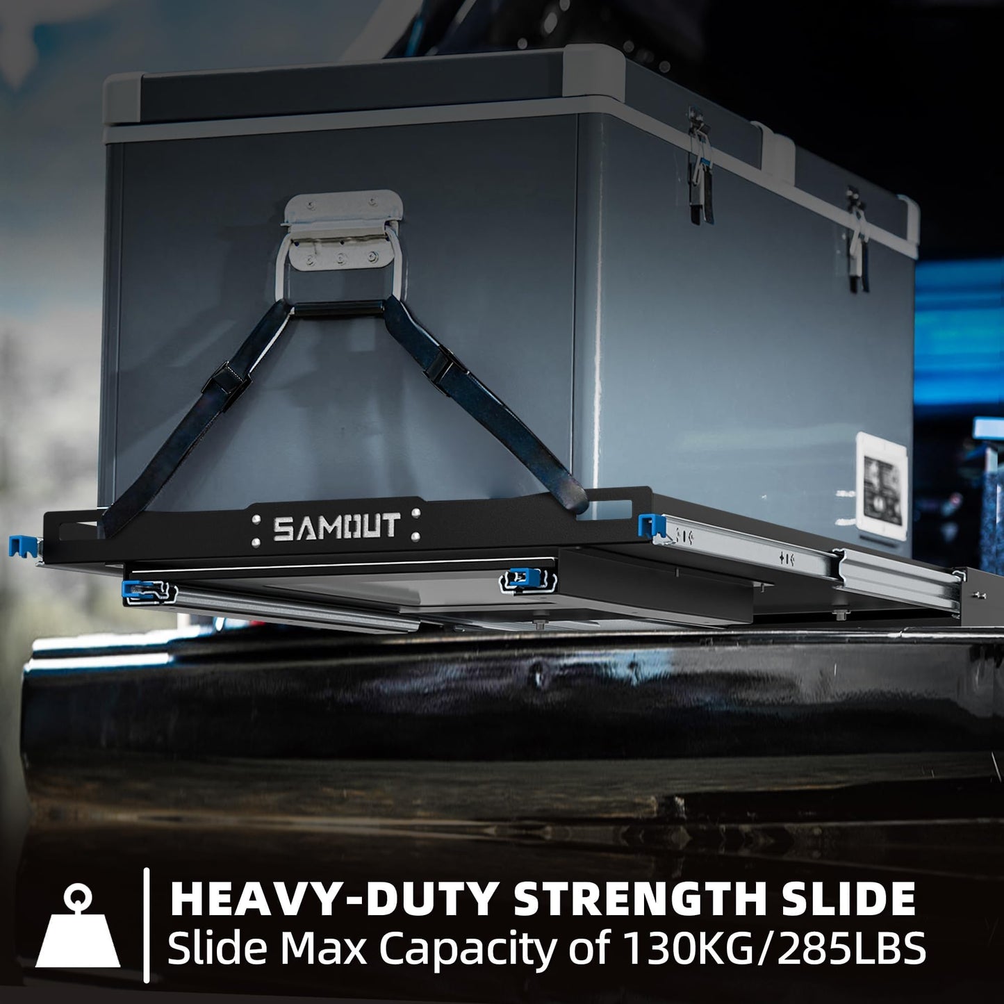 SAMOUT Fridge Slide with Chopping Board, Inner 29.2 x 18.7in, Vehicle Refrigerator Slider with 4 Buckle Straps, Max 287 LBS, 3rd Gen