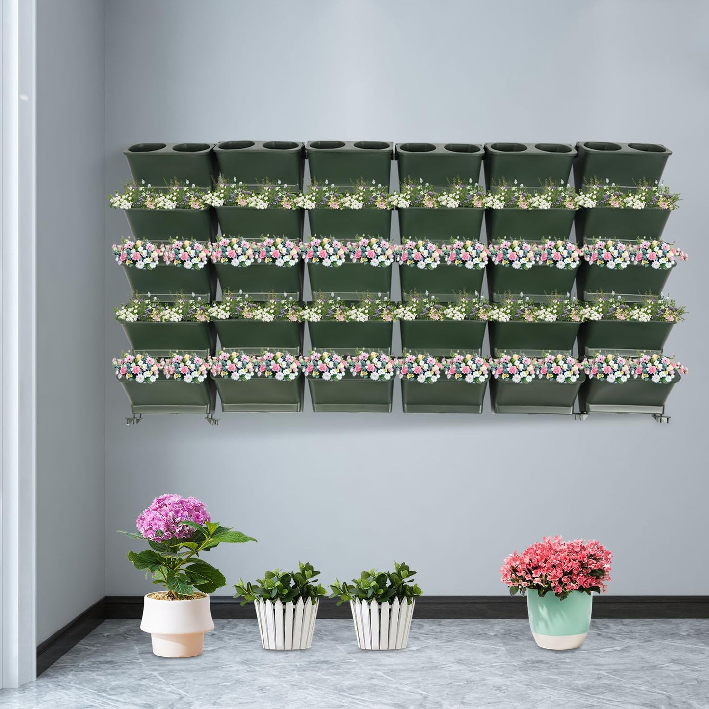Self Watering Vertical Wall Planter with 30 Plant Pots, Wall-mounted Flower Pot Holder with Drainage Holes, Indoor Outdoor Living Wall Hanging Planter for Flower, Herb, Vegetable, and Fruit, Green