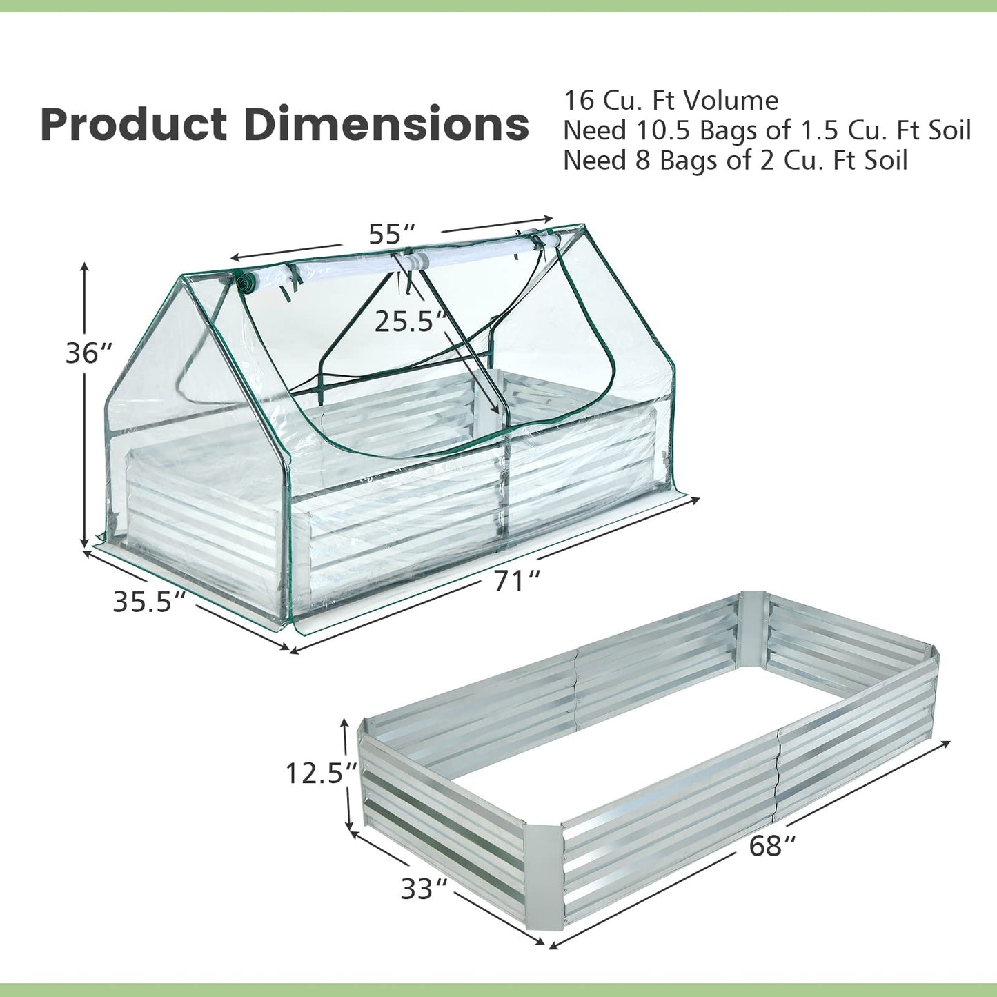 Giantex Galvanized Steel Raised Garden Bed with Mini Greenhouse, Outdoor Metal Planter Box Kit with Large Roll-up PVC Cover, 71"x 35.5"x 36" Planter Raised Bed for Growing Flower Herb Vegetable Fruit