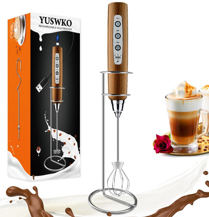 YUSWKO Black Handheld Milk Frother Wand for Coffee, Rechargeable Electric Whisk with 3 Heads 3 Speeds Drink Mixer Coffee Frother For Latte, Cappuccino, Hot Chocolate, Egg