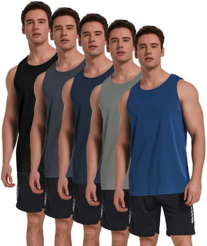 TELALEO 5 Pack Men's Workout Tank Tops Sleeveless Mesh Muscle Gym Shirt Quick Dry Black/Gray/Charcoal/Navy/Blue L