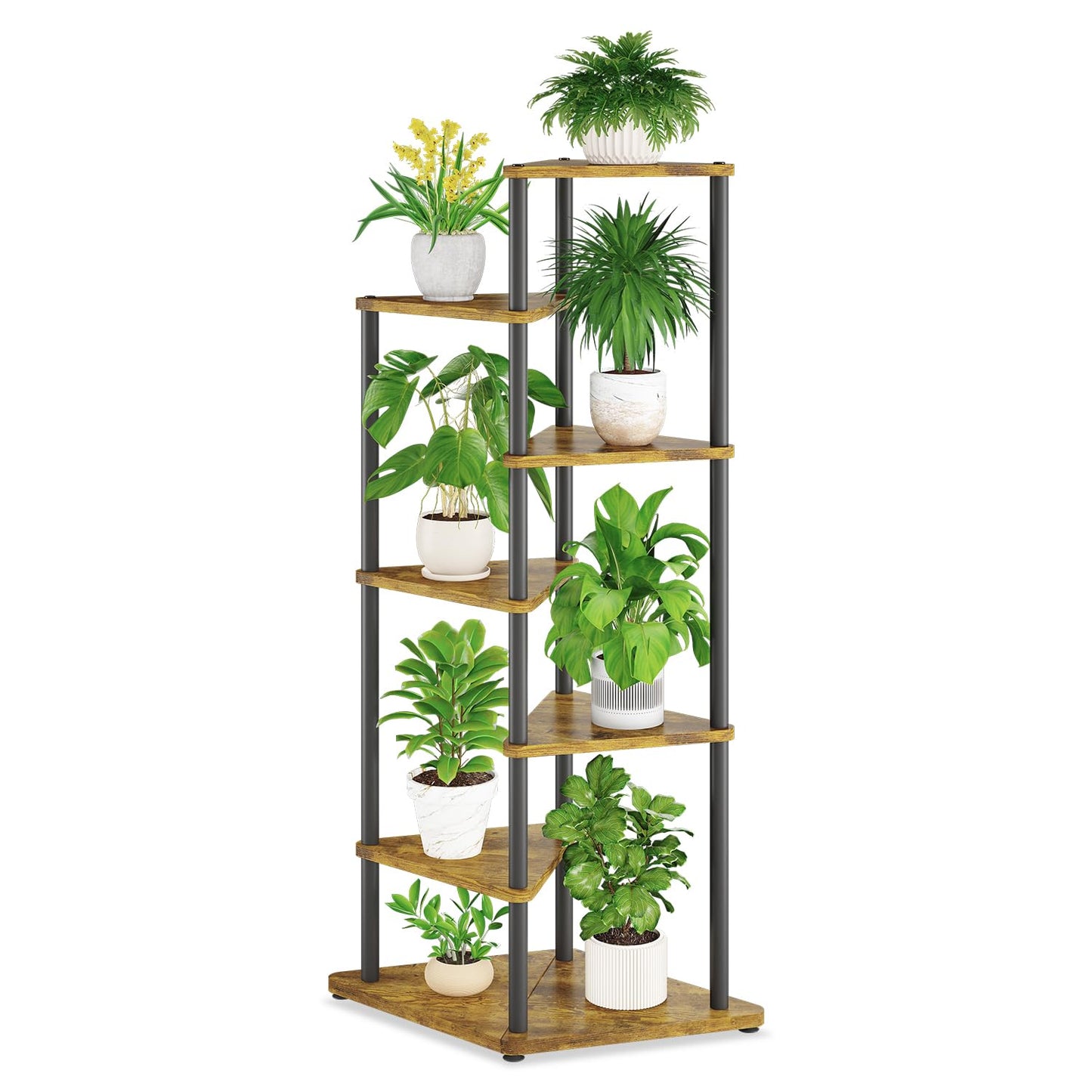 iDavosic.ly Tall Plant Stand Indoor for Large & Heavy Duty Planters, 6 Tier Corner Flower Shelf with Wooden Trays & Metal Frame, 49 Inch Orchid Rack for Living Room Balcony Porch, Black & Brown