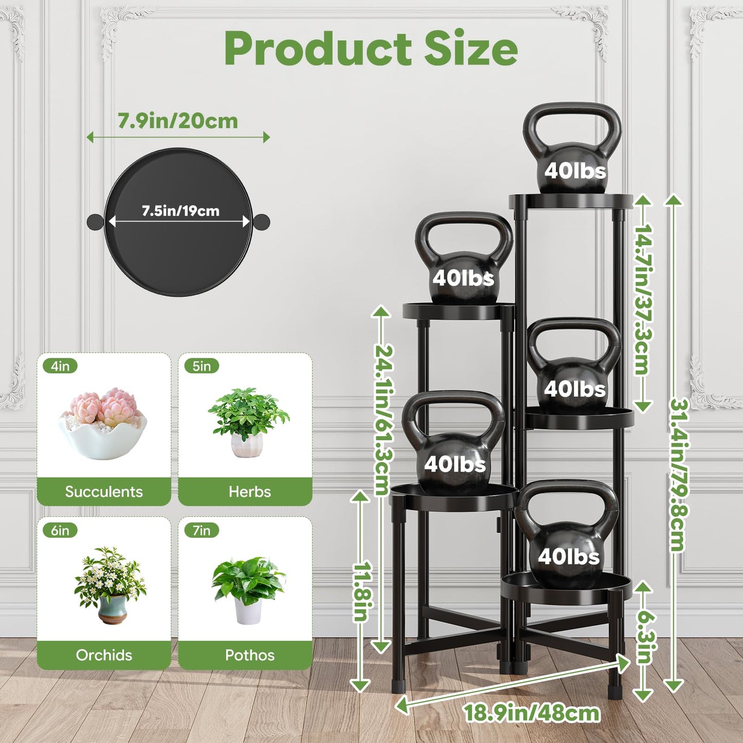 Simple Trending Plant Stand Indoor Outdoor, 5-Tiers Metal Corner Shelf, Tall Display Rack with 5 Rotating Trays, Heavy Duty Flower Holders for Patio Garden Balcony Living Room Bedroom, Black