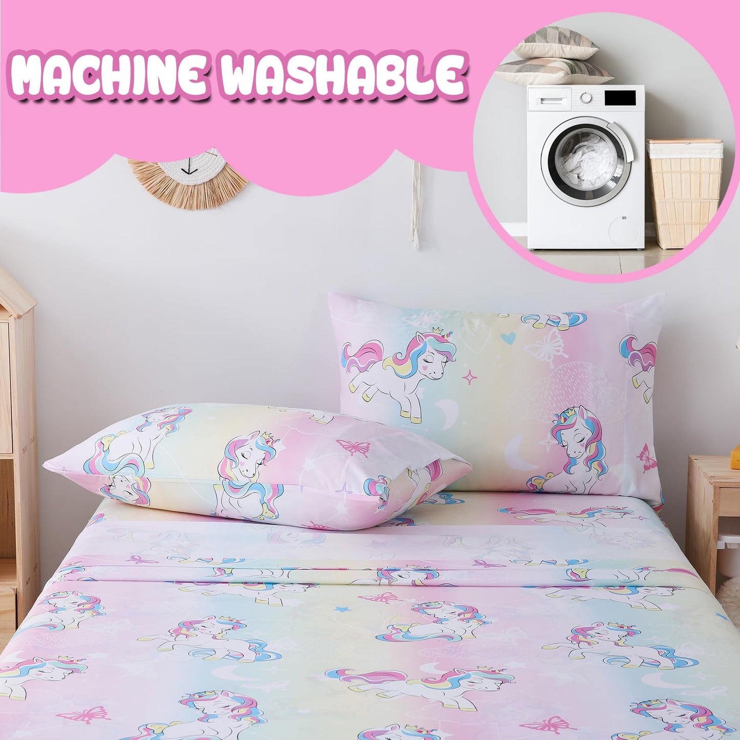 Yibeizi Full Size Sheets Set Kids, Rainbow Unicorn Pattern Microfiber Double Bed Sheets, Cute Soft Oeko-Tex Extra Deep Pocket Sheets & Pillowcases Cooling Hypoallergenic Wrinkle Free Bedsheets