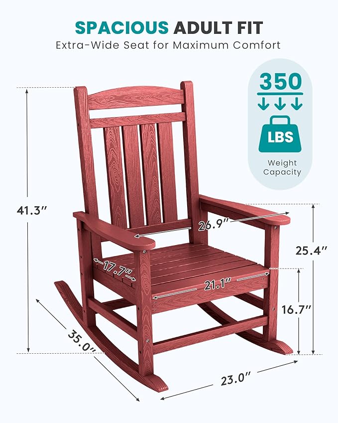 SERWALL Oversized Outdoor Rocking Chair, All-Weather Patio Rocking Chair, HDPE Porch Rocker for Adults, Red