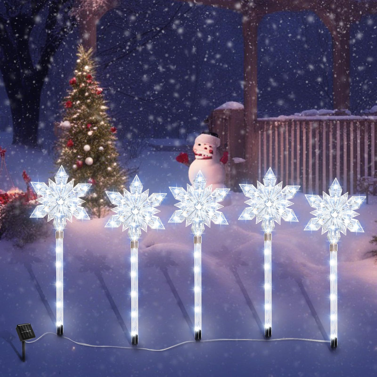 VOGVOG Snowflake Solar Christmas Pathway Lights, Set of 5 LED Outdoor Stake Lights, Waterproof Christmas Decorations for Garden, Yard, Lawn, Walkway, Patio Decor (Cold, 5pcs)