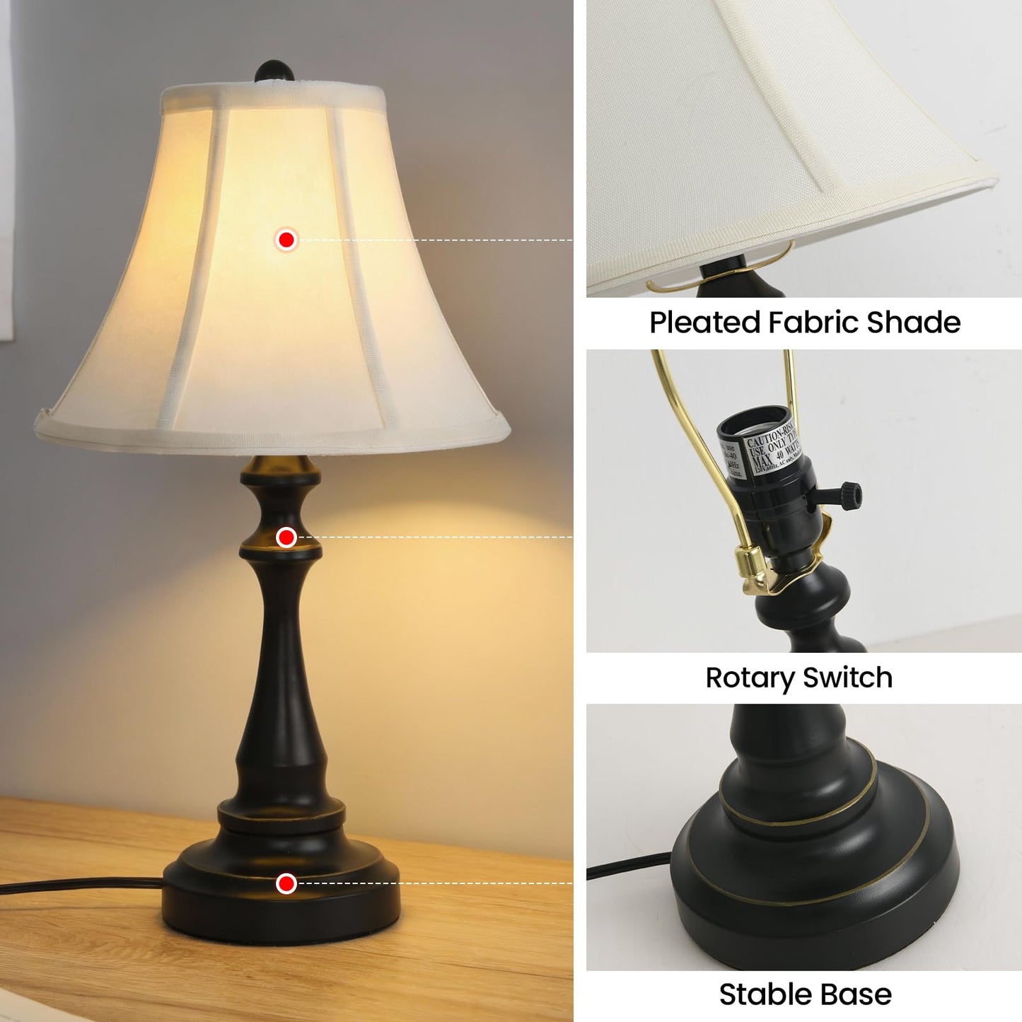 Smeike Traditional Table Lamp, Vintage Desk Lamp for Living Room with Fabric Shade, Farmhouse Bedside Lamp Black Finish for Bedroom Nightstand Office Hotel (Pack-01)