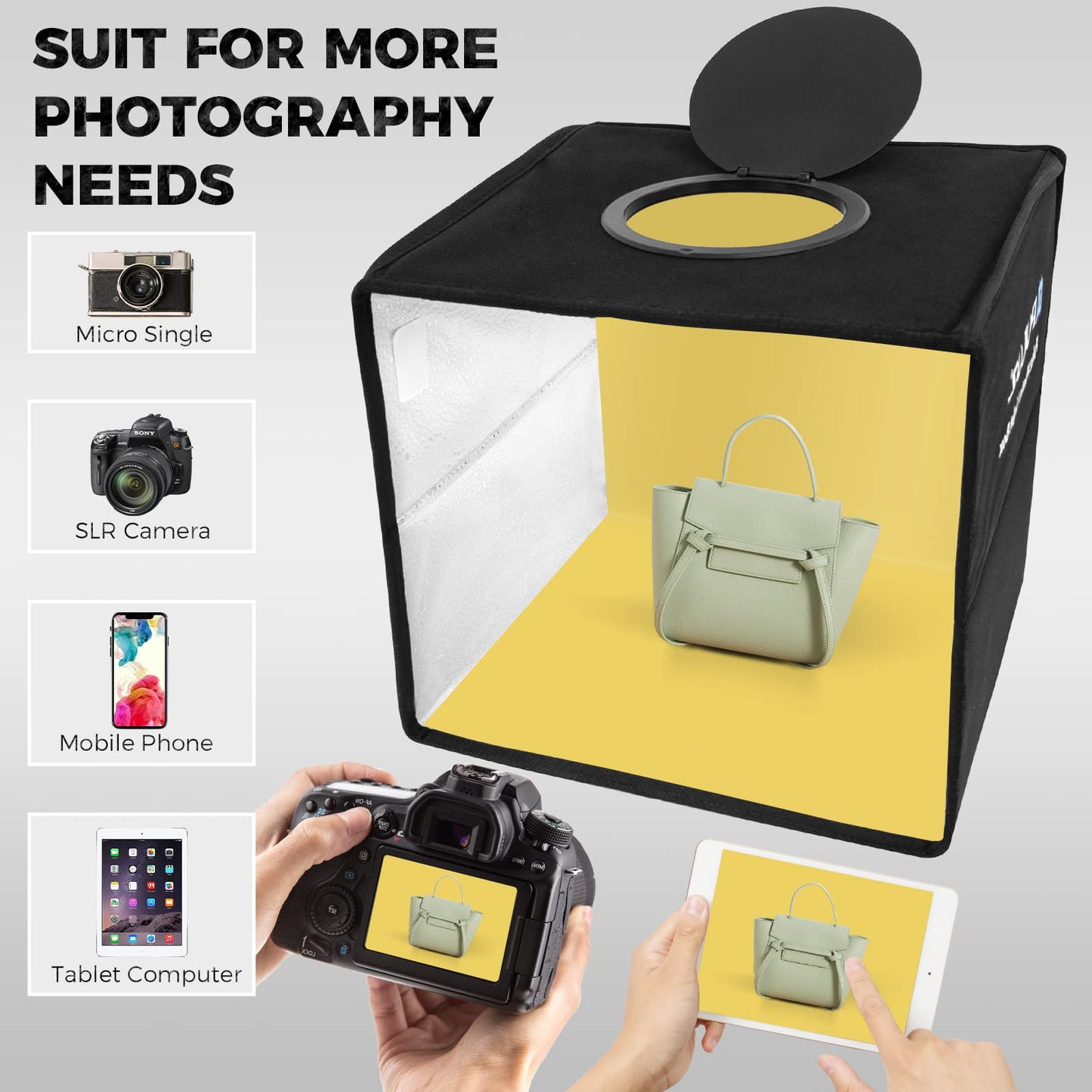 PULUZ 9.8 inch/ 25CM Light Box Portable Photo Box Booth with 10 Levels of Adjustable Brightness, High Definition LED Ring Light with 96 Beads and 12 Coloured Backdrops for Product Photography