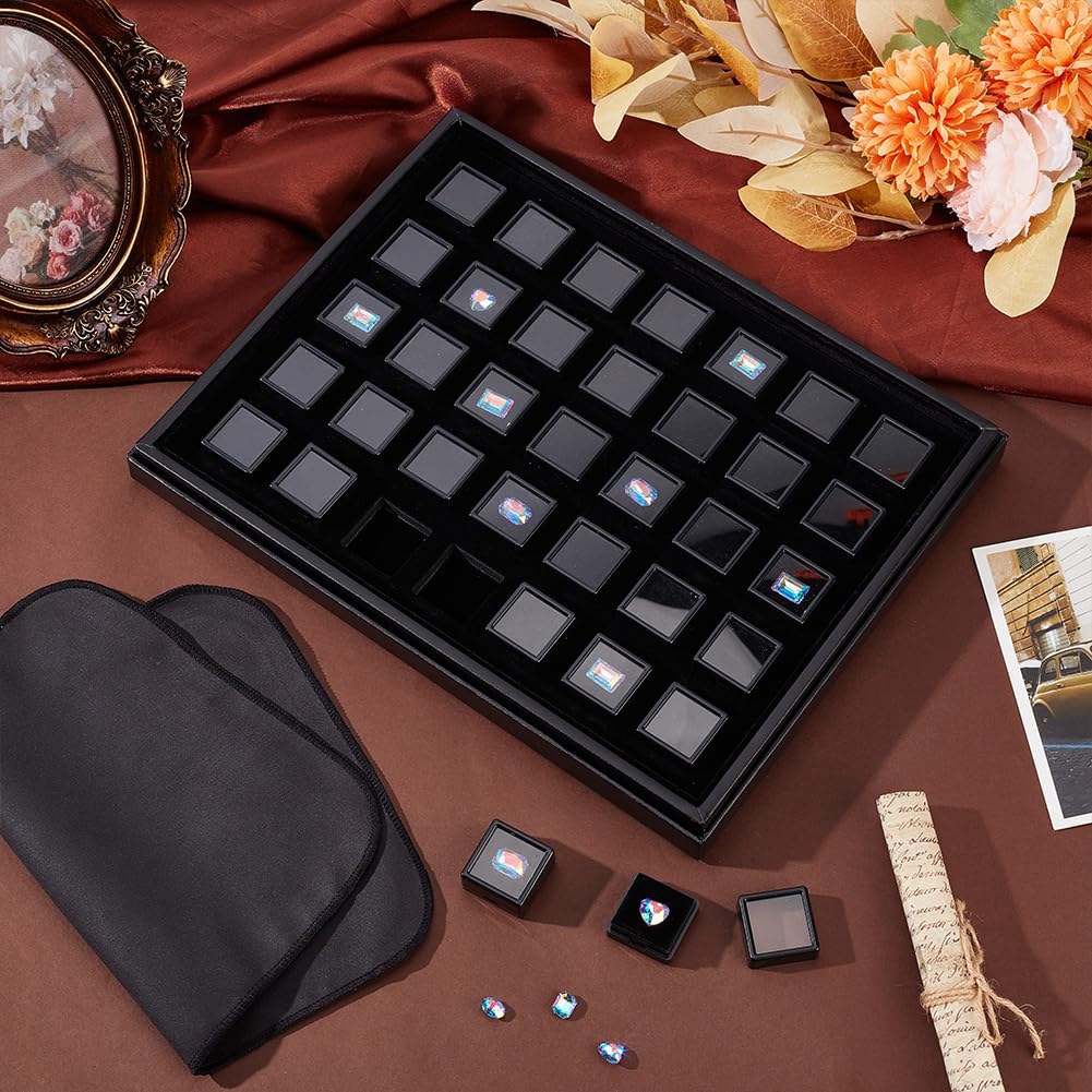 PH PandaHall 35pcs Black Gemstone Display Box, Acrylic Small Loose Diamond Cases 1.2inch Square Transparent Jewelry Box with Lid Foam Stone Storage Container for Collectibles Crystal Small Items